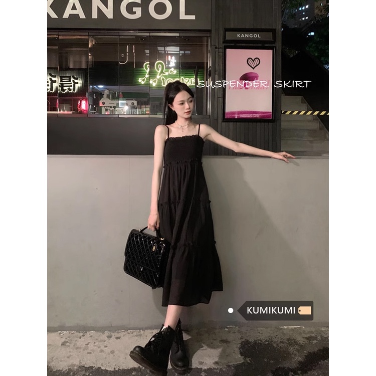 ™❖Gaun Musim Panas Pantai Hitam Tanpa Lengan Sling Gaun Wanita Musim Semi Temperamen All-Match Kayu Telinga Rok A-line Rok Di Atas Lutut Rok