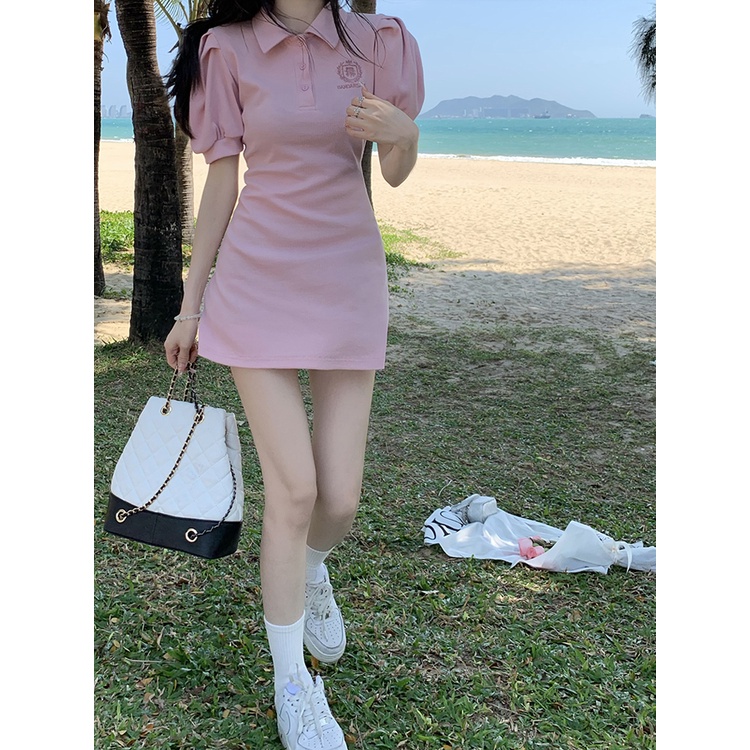 ✈♕▦gaun musim panas pantai angin manis dan pedas POLO kerah gaun merah muda wanita pinggang slim engah lengan rok T-shirt musim panas ceruk rok rok