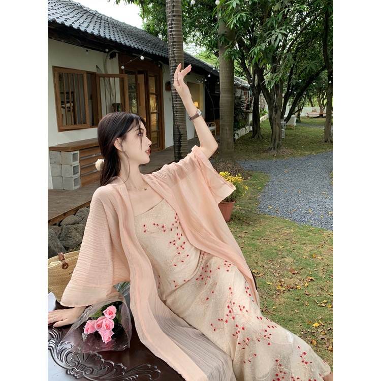 ☃▪Gaun Musim Panas Pantai Gaya Cina Baru Setelan Wanita Retro Bunga Sling Gaun Musim Semi Tabir Surya Cardigan Jaket Dua Potong Set