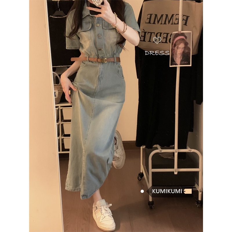 ☜▩♀gaun musim panas pantai retro gaya Hong Kong Polo kerah rok denim gaun wanita musim panas pinggang tas pelangsing hip rok panjang rok celah rok