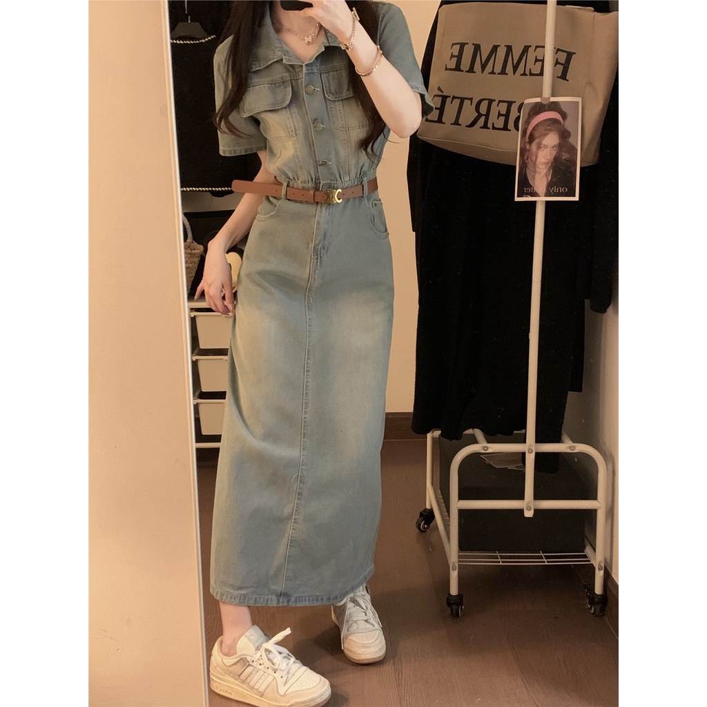 ☜▩♀gaun musim panas pantai retro gaya Hong Kong Polo kerah rok denim gaun wanita musim panas pinggang tas pelangsing hip rok panjang rok celah rok