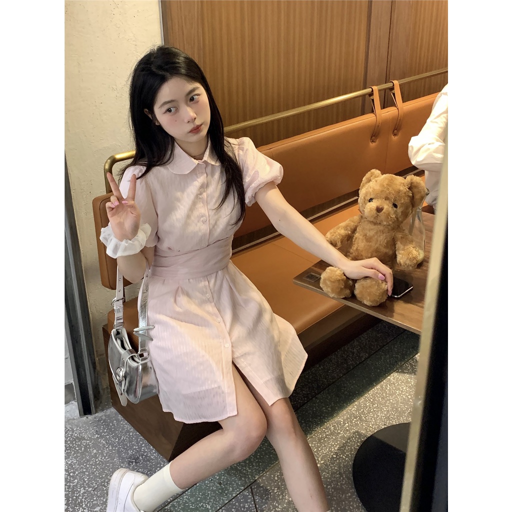 ☸❣dress summer beach pink POLO collar puff sleeve shirt dress female summer sweet hot girl waist slimming short skirt