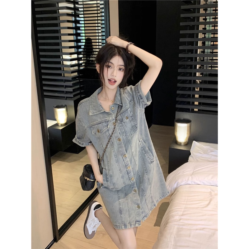 ✾gaun musim panas pantai retro kerah lengan pendek gaun denim wanita 2023 musim panas kecil longgar ramping rok pendek