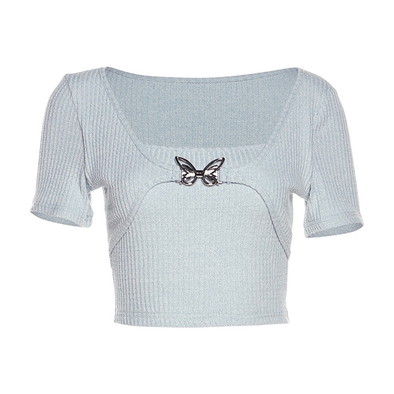 ◇✕►cropped top Salt-type sweet girl temperamen chic butterfly tower buckle splicing fake two-piece slim-fit all-match T-shirt wanita lengan pendek #COD