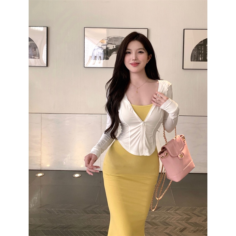 ◊✠❃cropped top ceruk ritsleting berkerudung lengan panjang tabir surya cardigan suit top summer suspender dress bag hip mermaid dress wanita #COD