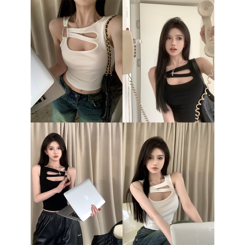 ✌Dipotong atas berongga rompi seksi musim panas hot gadis tanpa lengan slim fit gaya keinginan murni kamisol top wanita halter leher pendek chic #COD