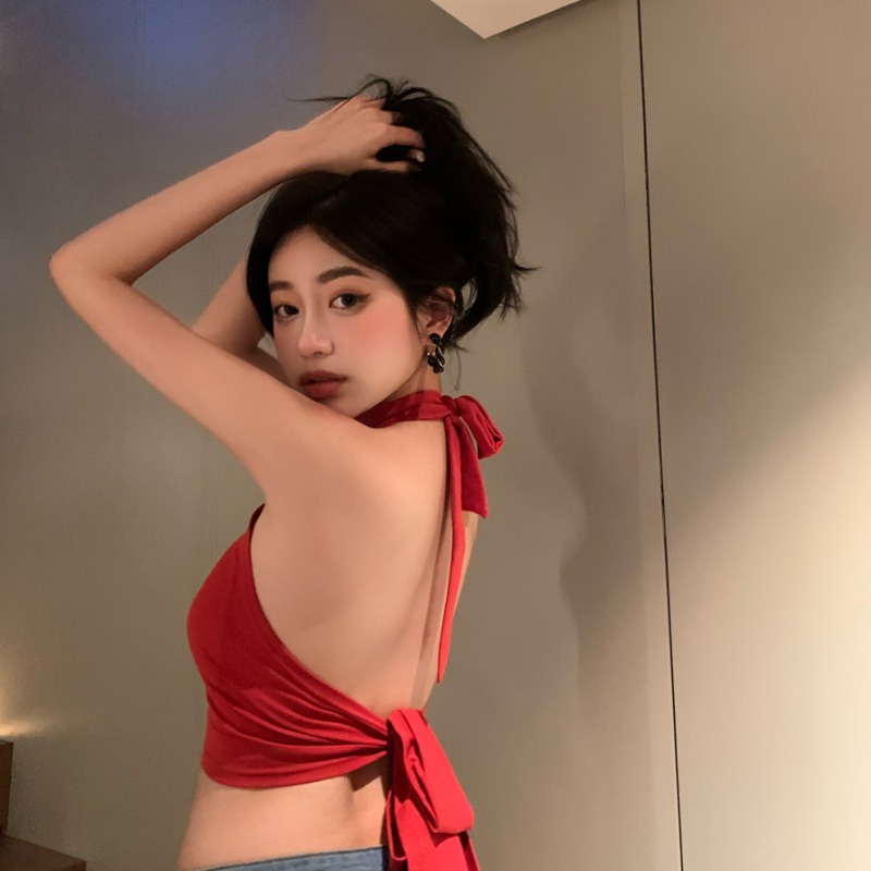 ✗✻cropped top tanpa lengan pendek tanpa lengan halterneck selempang kecil wanita musim semi dan musim panas anti-cahaya rompi bottoming kemeja pakaian top bra #COD