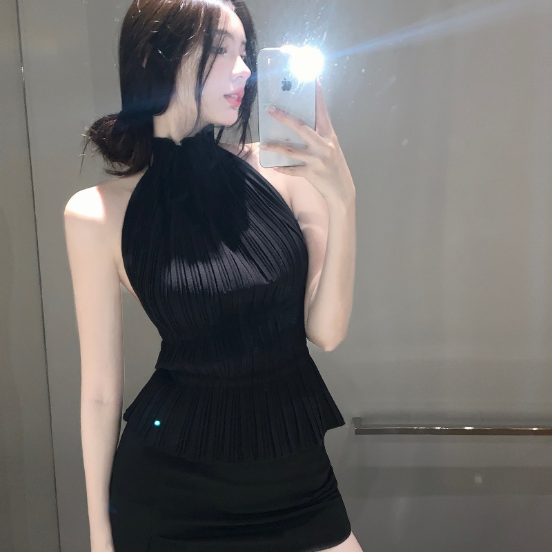 ❈✺✕cropped top backless gadis panas hitam kerah tinggi menggantung leher selempang kecil wanita musim panas seksi baru tanpa lengan keinginan murni rompi ketat top #COD