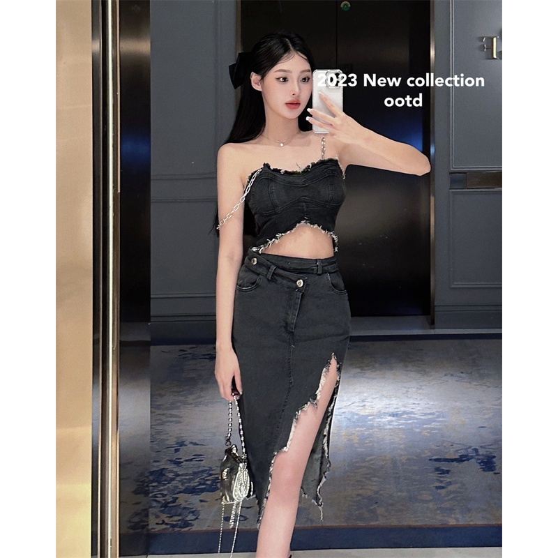 ◘Dipotong top denim tube top rantai tanpa lengan rompi kamisol top seksi musim panas tas pinggul rok celah setelan rok wanita #COD