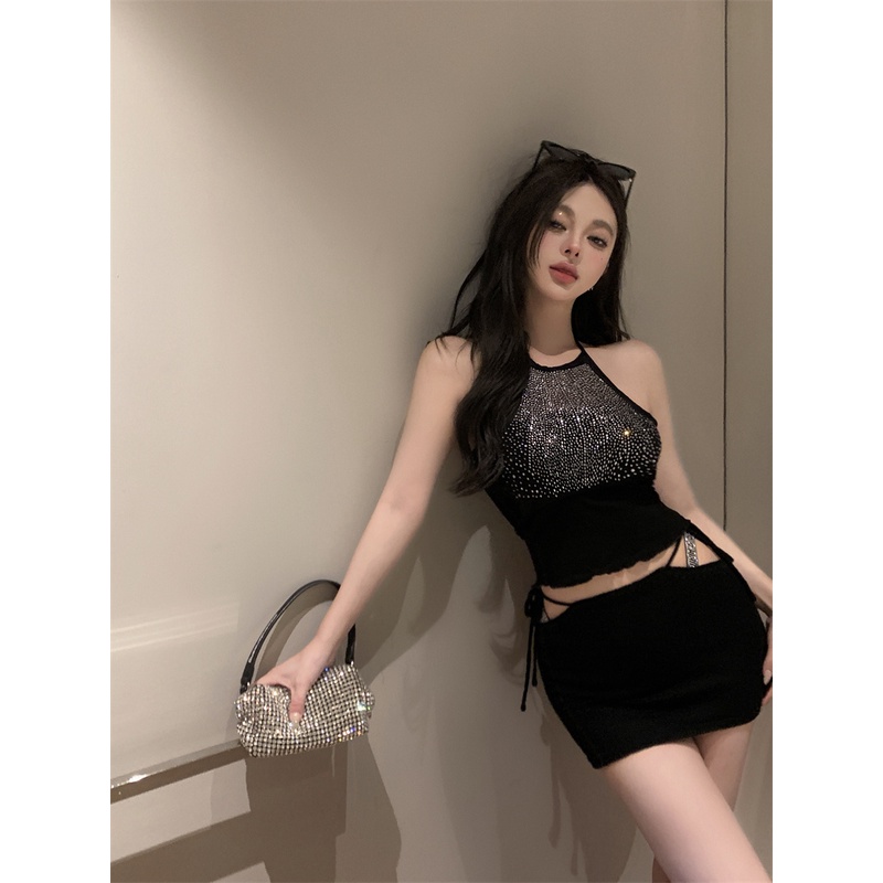 ☑☌cropped top keinginan murni embun seksi indah kembali halter leher tulle payet berlian berkilau kamisol bagian dalam top musim panas wanita baru hitam #COD