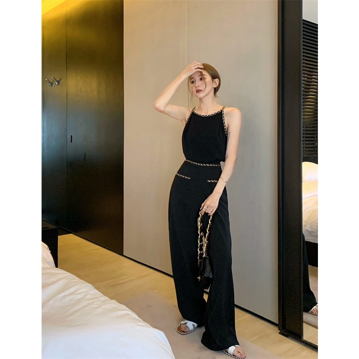 ■cropped top Spice girl rompi kamisol atas celana aroma kecil musim panas setelan hitam celana kasual wanita celana lebar kaki pinggang tinggi ramping #COD