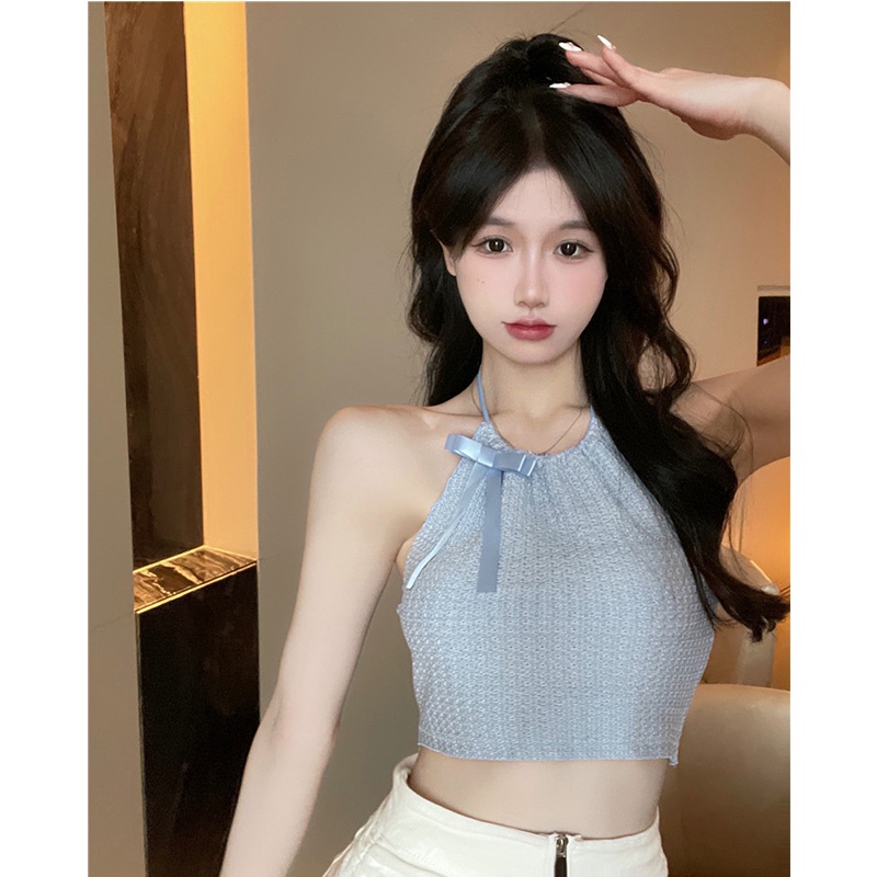 ℡۞cropped top Temperamen pakaian luar gadis panas ketat dalam dasi kupu-kupu halter rompi musim panas keinginan murni angin top tanpa lengan suspender gadis kecil #COD