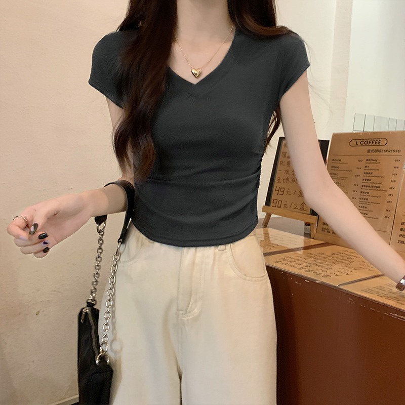 Suhao real price American v-neck pure cotton t-shirt women s summer pure desire short section shirring waist hot girl tight top kaos import wanita kaos wanita korean style lengan pendek kaos pendek perempuan