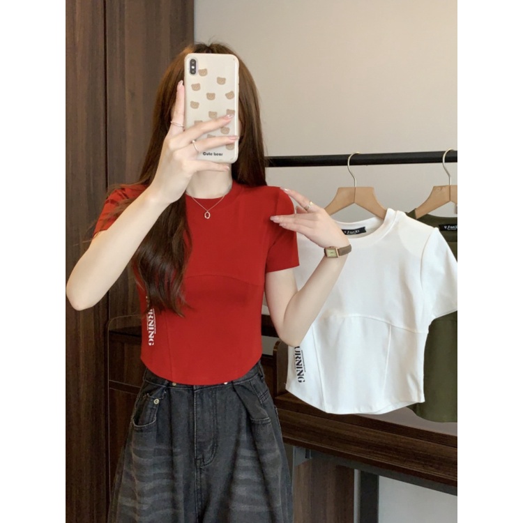 Suhao Small front shoulder T-shirt short-sleeve women s summer 2023 new cotton all-match slim irregular short top kaos import wanita kaos wanita Korean style lengan pendek kaos pendek perempuan