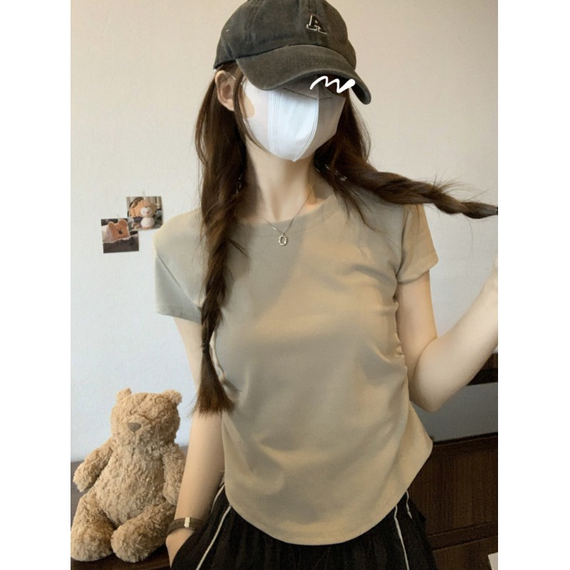 Suhao putih bahu depan lengan pendek t-shirt wanita musim panas 2023 baru melengkung hem lipit slim fit kecil pendek top kaos impor wanita kaos wanita gaya korea lengan pendek kaos pendek perempuan