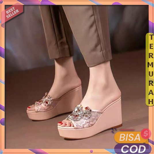 Bayar Di Tempat Fashion Sepatu Sendal Hak Tinggi Simple Elegan Korean Style Selop Weges Perempuan Ke