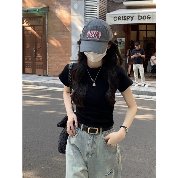 Suhao hot girl style black short-sleeve women s summer design sense niche slim short American style front shoulder T-shirt top kaos import wanita kaos wanita Korean style lengan pendek kaos pendek perempuan