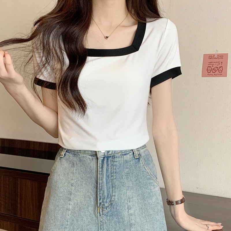 Suhao Sweet Spice Girls French style square collar front shoulder splicing white lengan pendek wanita t-shirt summer expose collarbone slimming design top kaos import wanita kaos wanita gaya korea lengan pendek kaos pendek perempuan