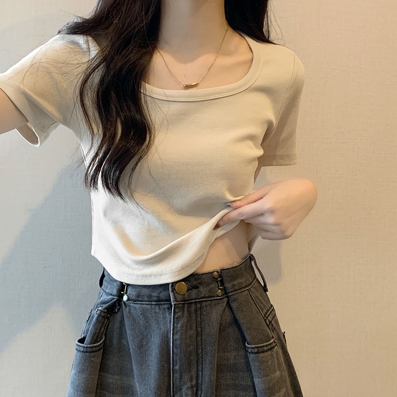 Suhao warna solid French square collar hot girl milk apricot short-sleeve top musim semi dan musim panas pure desire T-shirt female slim bottoming shirt inner wear kaos import wanita kaos wanita gaya korea lengan pendek kaos pendek perempuan