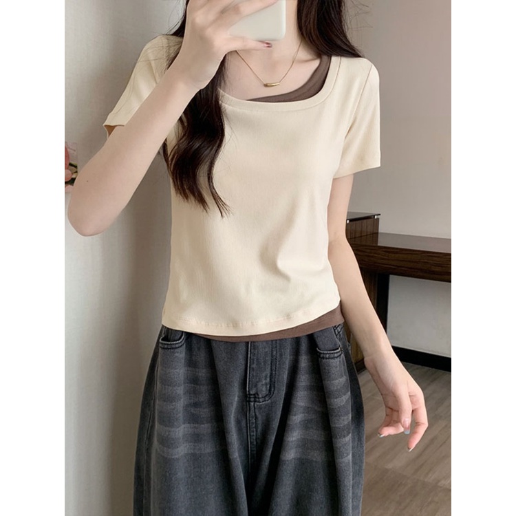 Suhao Fake Two-piece Square Collar T-shirt Lengan Pendek Wanita 2023 Musim Panas Desain Baru Rasa Niche Pendek Slim Top Trendi Kaos Import Wanita Kaos Wanita Gaya Korea Lengan Pendek Kaos Pendek Perempuan