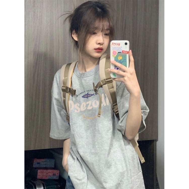 ☼♕❁Suhao kaos import wanita kaos wanita gaya korea lengan pendek kaos pendek perempuan American retro front shoulder trendy brand short-sleeve t-shirt women s summer loose texture grey dopamine top design sense