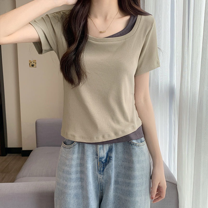 Suhao fake two-piece milk apricot T-shirt square collar pure desire short-sleeve top 2023 summer new women s inner wear bottoming half-sleeve kaos import wanita kaos wanita gaya korea lengan pendek kaos pendek perempuan