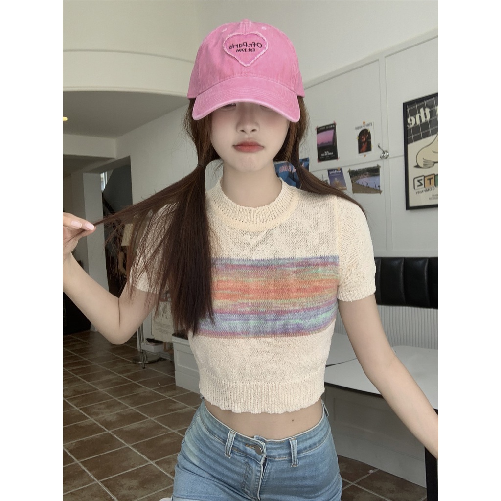 Suhao sweet and spicy style American retro striped short-sleeve short top women s summer design sense niche slim thin knitted t-shirt kaos import wanita kaos wanita gaya korea lengan pendek kaos pendek perempuan