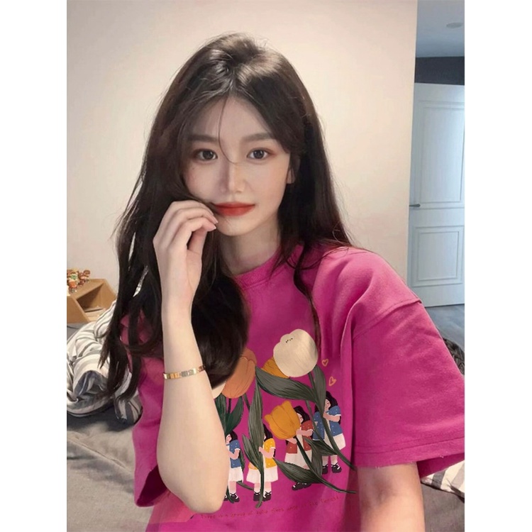 ▧☊∈Suhao kaos import wanita kaos wanita korean style lengan pendek kaos pendek perempuan dragon fruit pink front shoulder short-sleeved t-shirt female small summer 2023 new tulip half-sleeved dopamine top