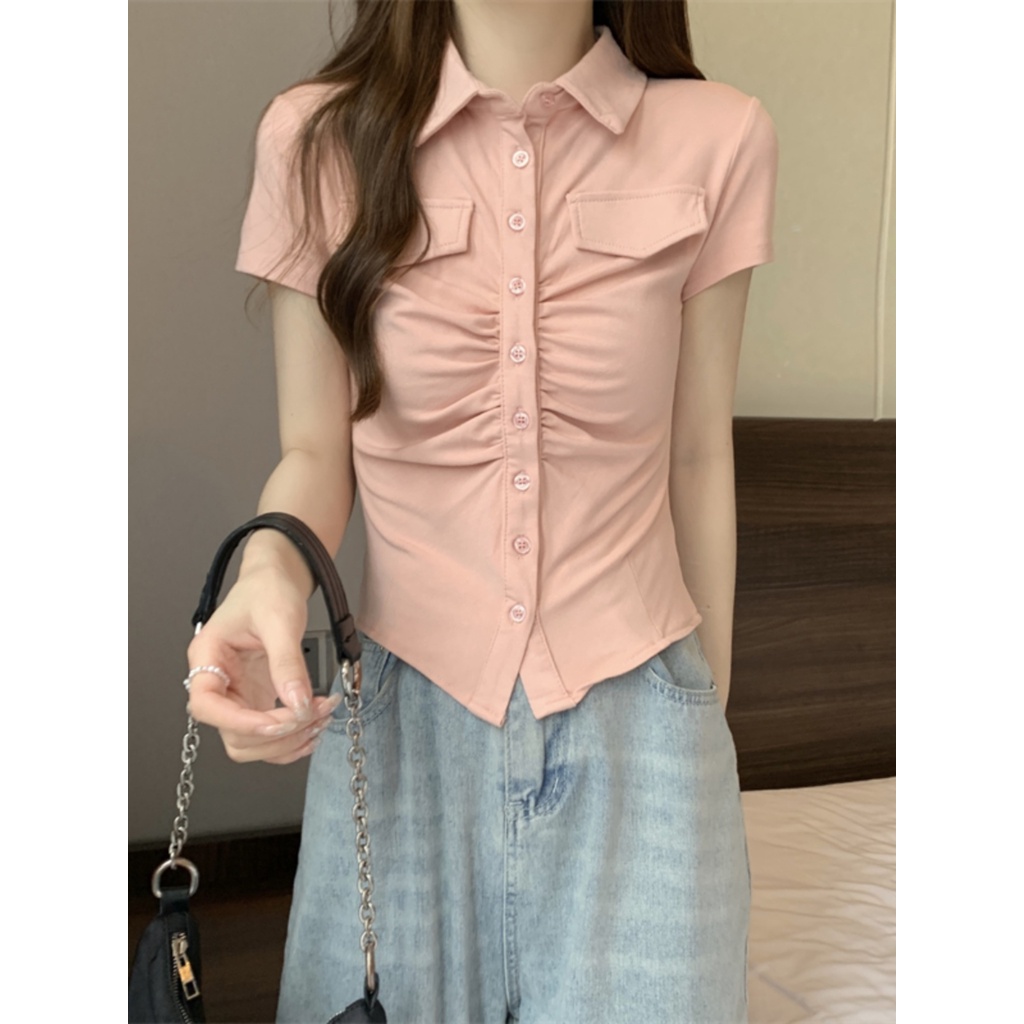 ☢№✿Suhao kaos import wanita kaos wanita gaya korea lengan pendek kaos pendek perempuan pure desire grey polo collar front shoulder short-sleeve t-shirt women s summer design sense niche sweet and spicy style slim short top