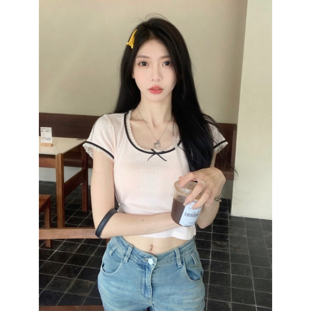 ┋▩Suhao kaos import wanita kaos wanita gaya korea lengan pendek kaos pendek perempuan hot girl u-neck front shoulder short-sleeve t-shirt women summer slim fit high waist bar umbilical short large collar collarbone top summer