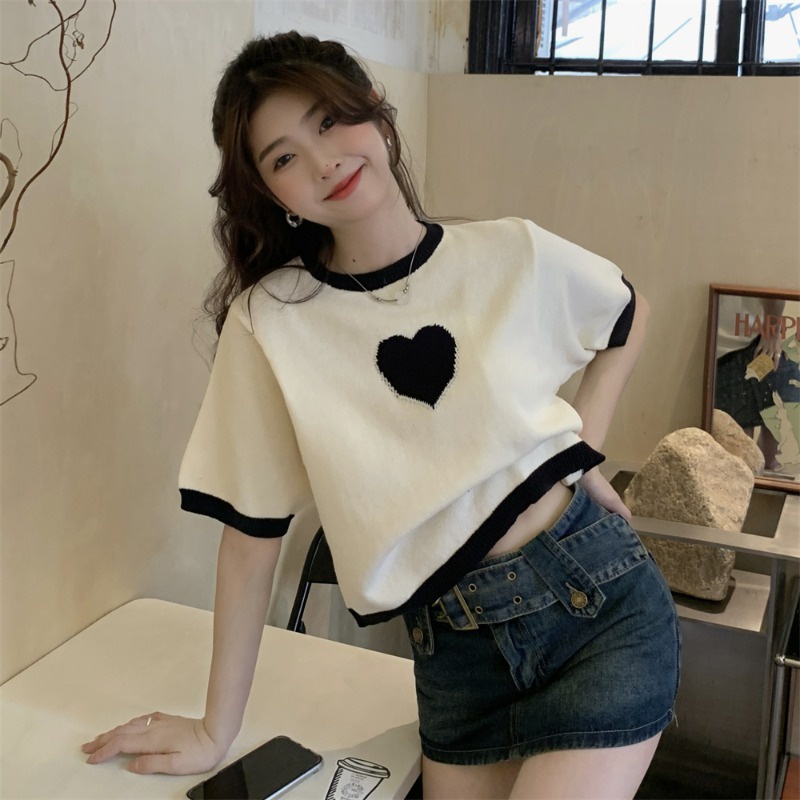 ✤﹉๑Suhao kaos import wanita kaos wanita gaya korea lengan pendek kaos pendek perempuan design sense niche love jacquard knitted short-sleeved t-shirt women summer loose chic French chic short top