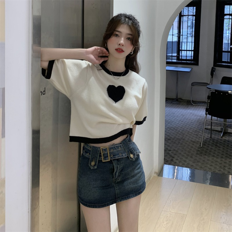 ✤﹉๑Suhao kaos import wanita kaos wanita gaya korea lengan pendek kaos pendek perempuan design sense niche love jacquard knitted short-sleeved t-shirt women summer loose chic French chic short top