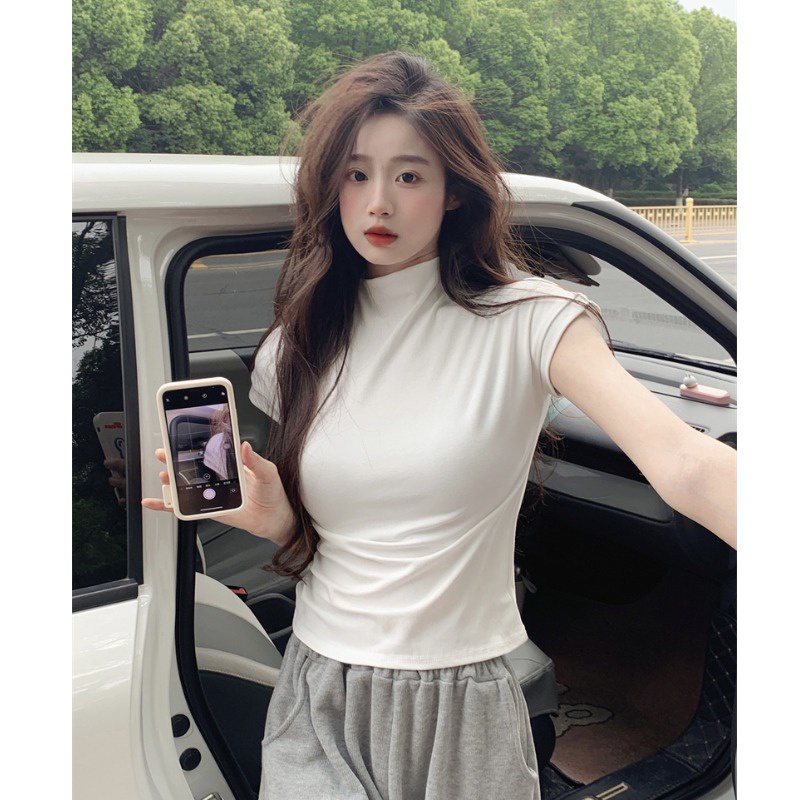 ✢❖Suhao kaos import wanita kaos wanita gaya korea lengan pendek kaos pendek perempuan American retro coffee color short-sleeved women s summer small half-high collar slim short t-shirt design niche tops