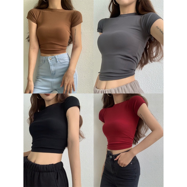 ✚Suhao kaos import wanita kaos wanita gaya korea lengan pendek kaos pendek perempuan hitam berpinggang tinggi bahu lengan pendek t-shirt wanita musim panas slim fit ketat dalaman seksi hot girl crop top merah