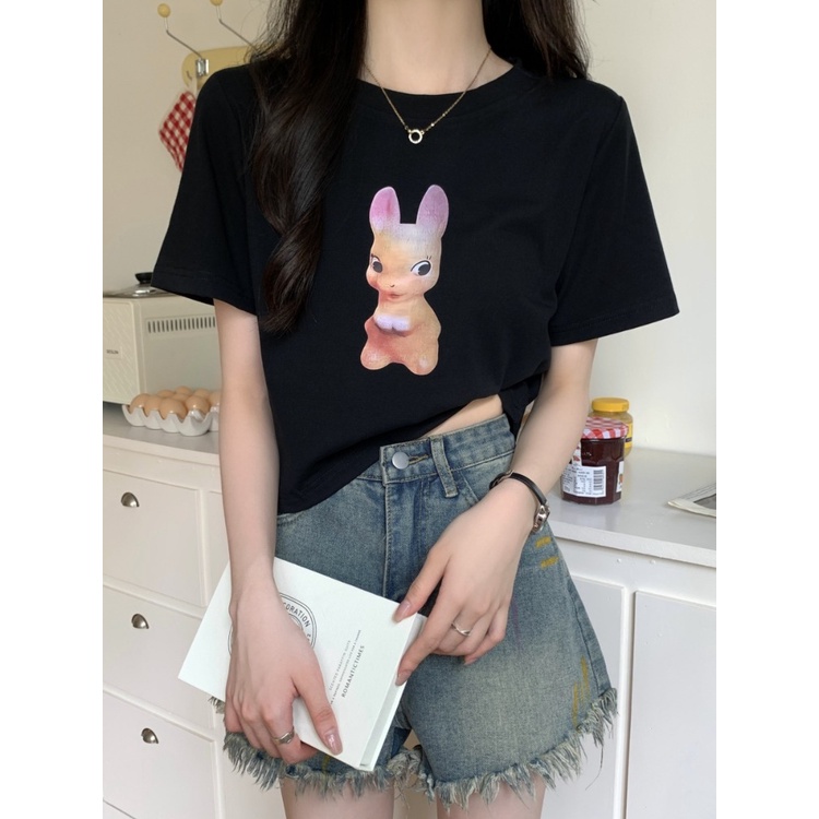 ⊙♤Suhao kaos import wanita kaos wanita gaya korea lengan pendek kaos pendek perempuan leher bulat bahu depan katun putih lengan pendek T-shirt wanita musim panas longgar lucu desain manis atasan pendek