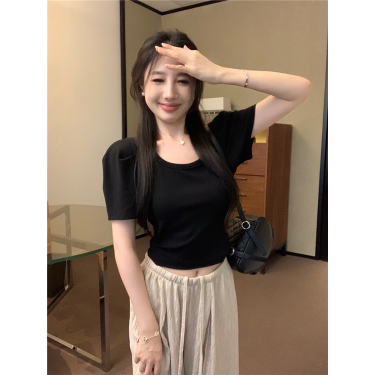 ﺴ▽Suhao kaos import wanita kaos wanita gaya korea lengan pendek kaos pendek perempuan French u-neck front shoulder puff sleeve short-sleeve t-shirt women s summer summer slim ice silk T-shirt short high waist top