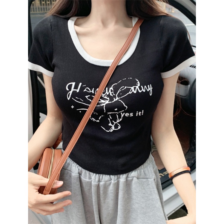 ✥Suhao kaos import wanita kaos wanita gaya korea lengan pendek kaos pendek perempuan Contrast color printing hot girl tight shoulder short sleeve knit t-shirt women s summer slim and thin short American bm top