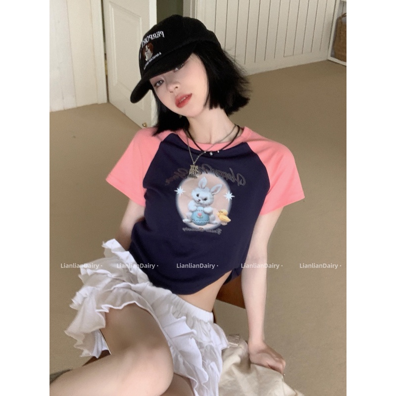 ☈✒Suhao kaos import wanita kaos wanita gaya korea lengan pendek kaos pendek perempuan American retro sweet hot girl short-sleeved t-shirt women s summer small short short section expose navel slim fit design sense top