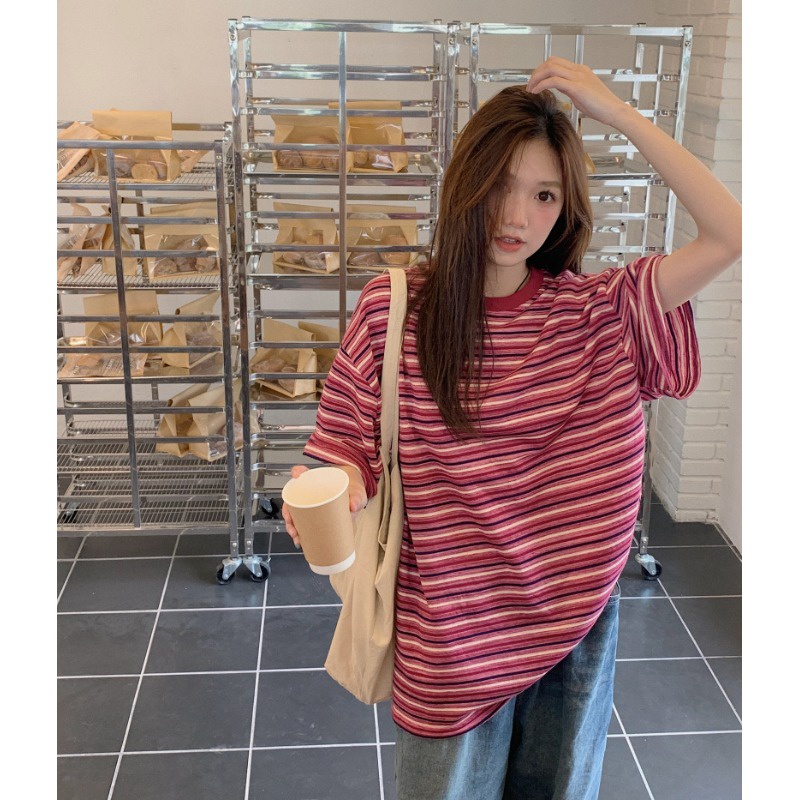 ♘✲Suhao kaos import wanita kaos wanita gaya korea lengan pendek kaos pendek perempuan retro garis merah lengan pendek wanita t-shirt musim panas liar kasual leher bulat longgar malas angin setengah panjang setengah lengan atas