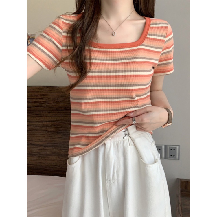 ℡₪✇Suhao kaos import wanita kaos wanita gaya korea lengan pendek kaos pendek perempuan Summer design sense is unique and unique chic niche non-collision top super nice striped square collar front shoulder short sleeve t-shirt for women
