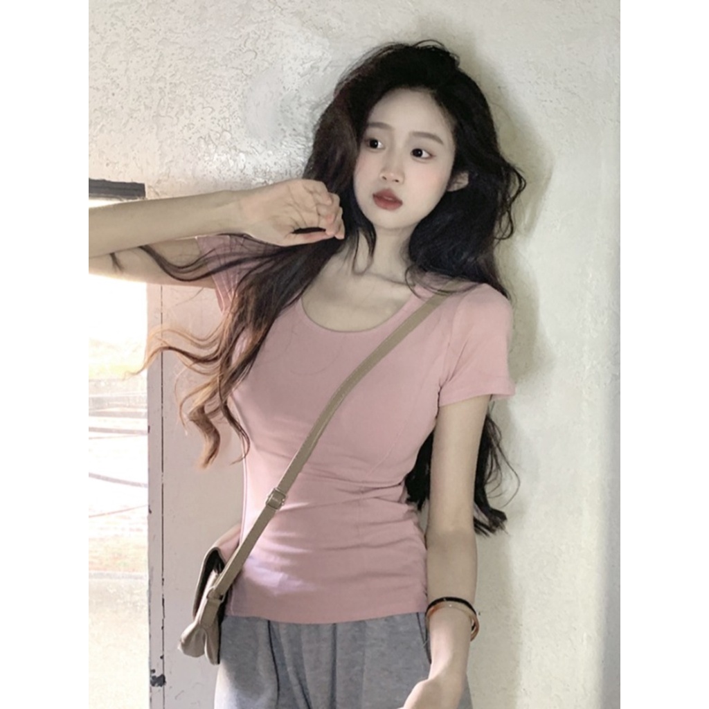 ♂▣Suhao kaos import wanita kaos wanita gaya korea lengan pendek kaos pendek perempuan hot girl pink u-neck large neckline front shoulder short-sleeve t-shirt women s summer pure desire style high waist slim fit tight short top