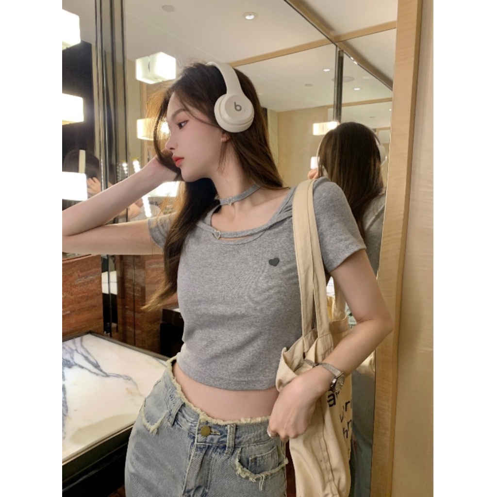 ⊙❉✱Suhao kaos import wanita kaos wanita gaya korea lengan pendek kaos pendek perempuan merah halter leher lengan pendek t-shirt wanita musim panas manis hot gadis pinggang tinggi terkena pusar slim fit pendek leher bulat top