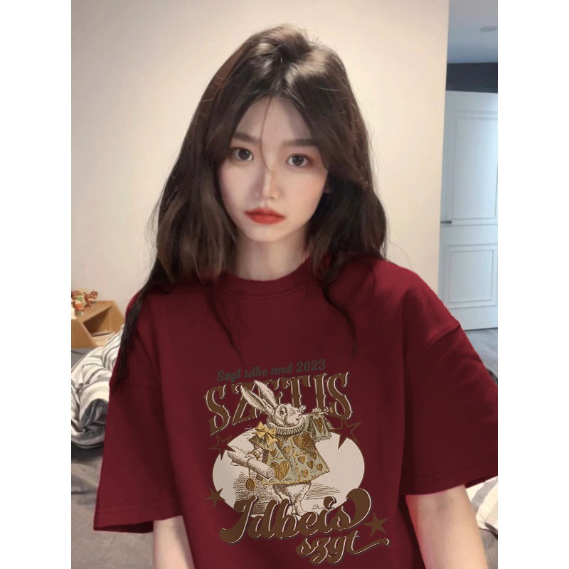 ✥Suhao kaos import wanita kaos wanita gaya korea lengan pendek kaos pendek perempuan katun kelas berat American retro lengan pendek t-shirt wanita 2023 baru musim semi dan musim panas desain rasa niche longgar top