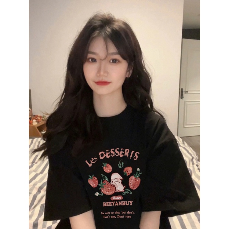 ▲Suhao kaos import wanita kaos wanita gaya korea lengan pendek kaos pendek perempuan hitam dan merah muda lengan setengah bahu depan lengan pendek kartun t-shirt wanita musim panas kecil T-shirt design sense small many papamine tops