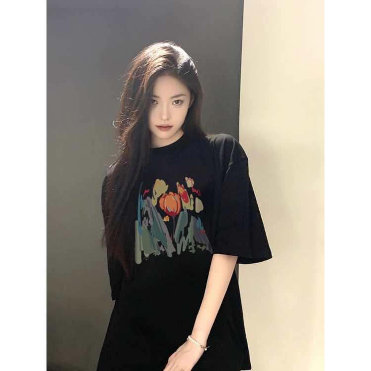 ☫♀☬Suhao kaos import wanita kaos wanita gaya korea lengan pendek kaos pendek perempuan retro chic hitam leher bulat lengan pendek T-shirt wanita 2023 musim panas baru kecil Hong Kong rasa longgar atasan putih