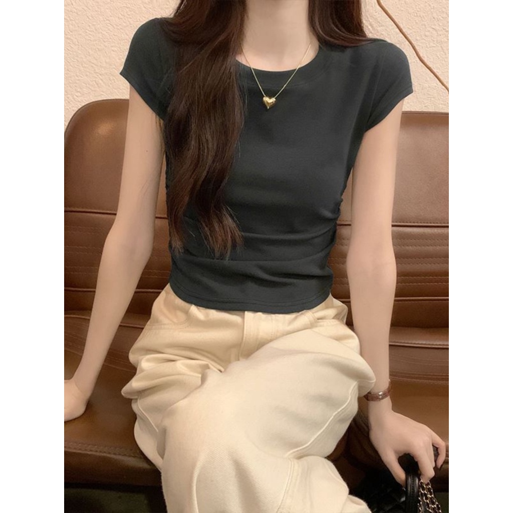 ☃✈Suhao kaos import wanita kaos wanita gaya korea lengan pendek kaos pendek perempuan bahu depan slim fit high waist short-sleeve t-shirt female design sense niche small flying sleeves shirring waist short top summer