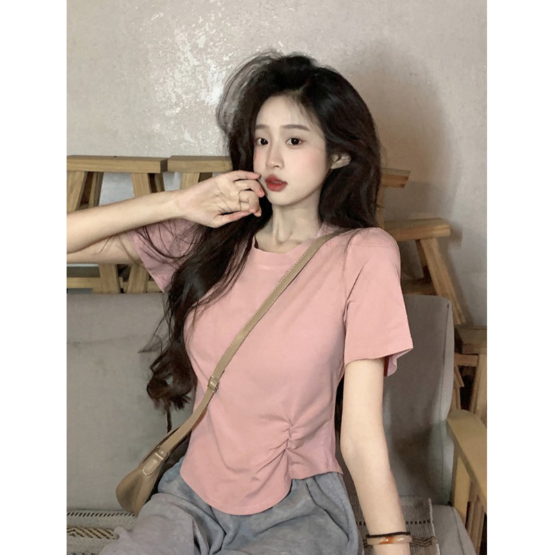 ✣❁Suhao kaos import wanita kaos wanita gaya korea lengan pendek kaos pendek perempuan pink bahu depan lengan pendek t-shirt wanita musim panas 2023 baru lipit melengkung hem kecil slim atasan pendek