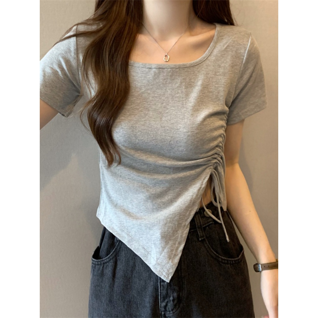 ☊❣⊕Suhao kaos import wanita kaos wanita gaya korea lengan pendek kaos pendek perempuan Irregular slit short sweet and spicy top women s summer design sense niche French square collar front shoulder short-sleeved T-shirt