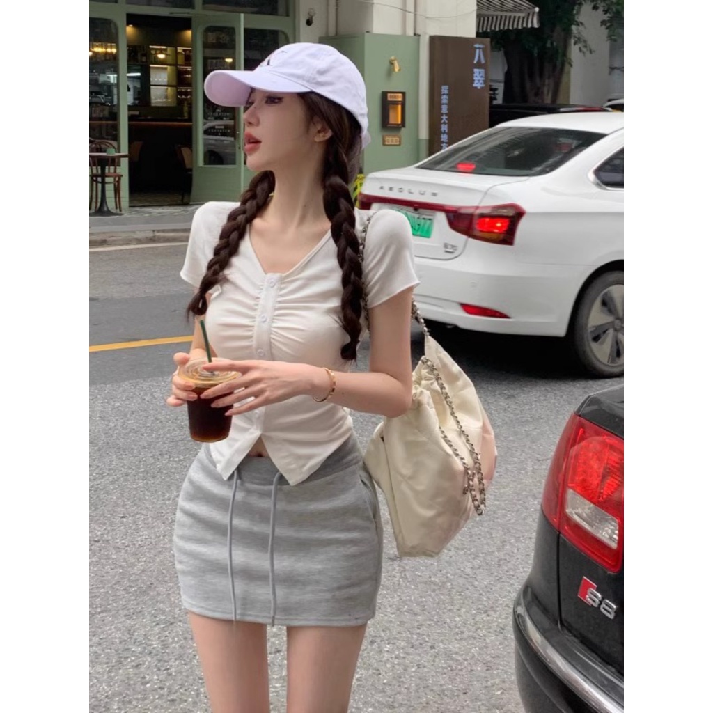 ✗☸▪Suhao kaos import wanita kaos wanita gaya korea lengan pendek kaos pendek perempuan pure desire hot girl white v-neck front shoulder short-sleeve t-shirt women s summer design sense of folds high waist navel expose slit short top