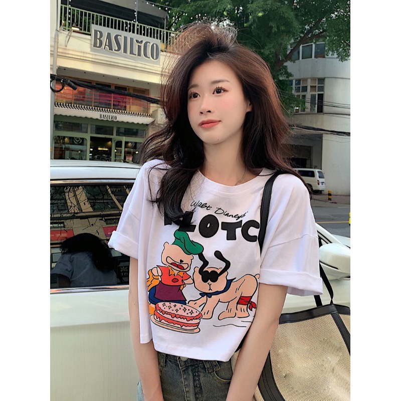 ❦○Suhao kaos import wanita kaos wanita gaya korea lengan pendek kaos pendek perempuan kartun dicetak kapas lengan pendek wanita musim panas baru longgar dan serbaguna setengah lengan t-shirt tinggi pinggang pendek putih top in